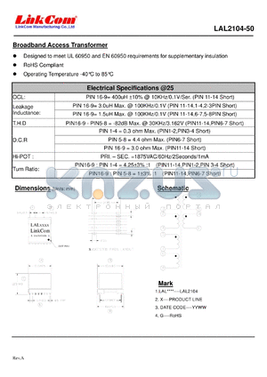 LAL2104-50 datasheet - Broadband Access Transformer