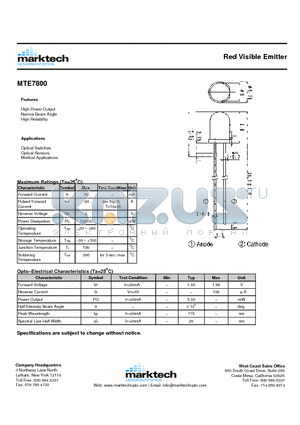 MTE7800 datasheet - Red Visible Emitter