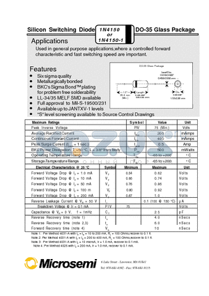 JANTX1N4150 datasheet - Silicon Switching Diode DO-35 Glass Package