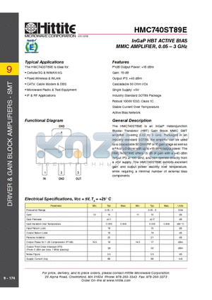 HMC740ST89E datasheet - InGaP HBT ACTIVE BIAS MMIC AMPLIFIER, 0.05 - 3 GHz