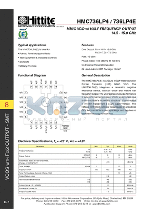 HMC736LP4E datasheet - MMIC VCO w/ HALF FREQUENCY OUTPUT