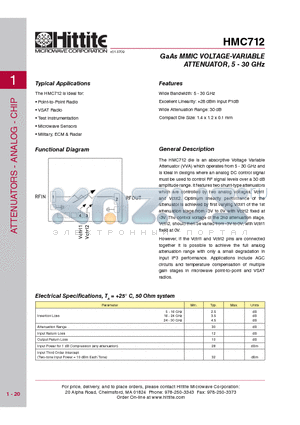 HMC712 datasheet - GaAs MMIC VOLTAGE-VARIABLE ATTENUATOR, 5 - 30 GHz