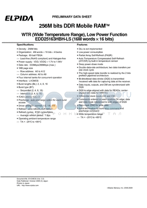 EDD25163HBH-7FLS-F datasheet - 256M bits DDR Mobile RAM WTR (Wide Temperature Range), Low Power Function