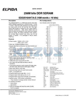 EDD2516AKTA-6B-E datasheet - 256M bits DDR SDRAM (16M words x 16 bits)