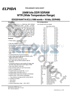 EDD2516AKTA-5CLI datasheet - 256M bits DDR SDRAM WTR (Wide Temperature Range)