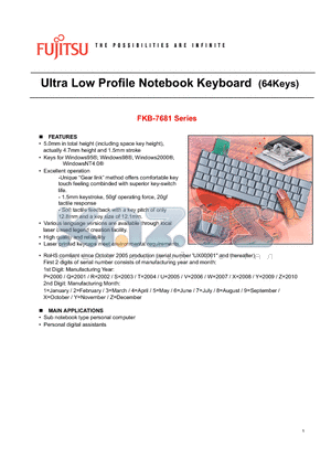 FKB-7681 datasheet - Ultra Low Profile Notebook Keyboard (64Keys)