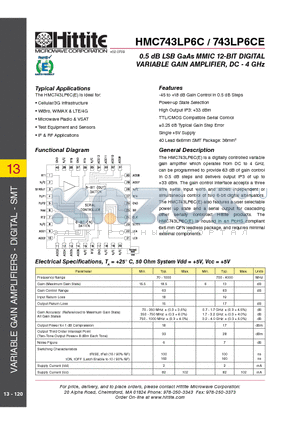 HMC743LP6CE datasheet - 0.5 dB LSB GaAs MMIC 12-BIT DIGITAL VARIABLE GAIN AMPLIFIER, DC - 4 GHz