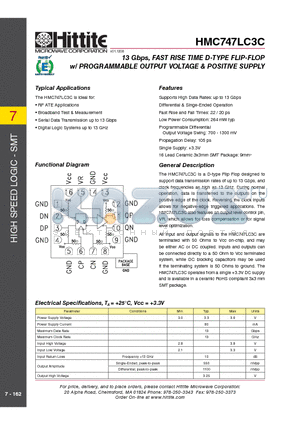 HMC747LC3C datasheet - 13 Gbps, FAST RISE TIME D-TYPE FLIP-FLOP w/ PROGRAMMABLE OUTPUT VOLTAGE & POSITIVE SUPPLY