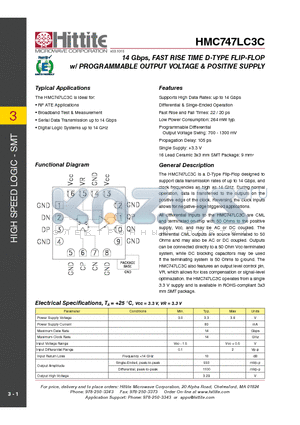 HMC747LC3C datasheet - 14 Gbps, FAST RISE TIME D-TYPE FLIP-FLOP w/ PROGRAMMABLE OUTPUT VOLTAGE & POSITIVE SUPPLY