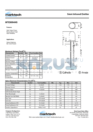 MTE9094N5 datasheet - 5mm Infrared Emitter