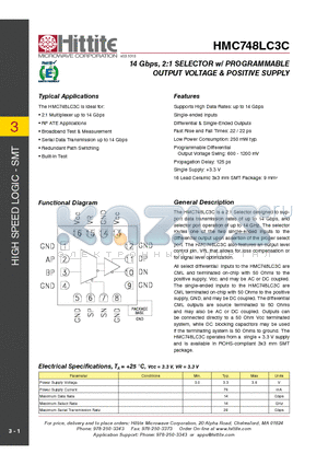 HMC748LC3C_11 datasheet - 14 Gbps, 2:1 SELECTOR w/ PROGRAMMABLE OUTPUT VOLTAGE & POSITIVE SUPPLY