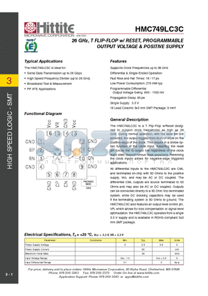 HMC749LC3C datasheet - 26 GHz, T FLIP-FLOP w/ RESET, PROGRAMMABLE OUTPUT VOLTAGE & POSITIVE SUPPLY