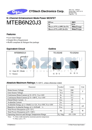 MTEB6N20J3 datasheet - N -Channel Enhancement Mode Power MOSFET