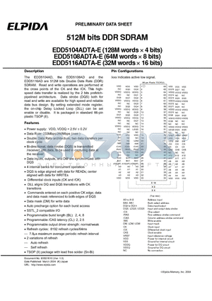 EDD5104ADTA-6B-E datasheet - 512M bits DDR SDRAM