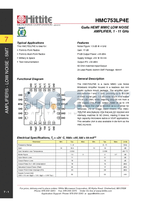 HMC753LP4E datasheet - GaAs HEMT MMIC LOW NOISE AMPLIFIER, 1 - 11 GHz
