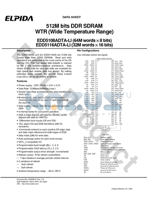 EDD5108ADTA-6BLI datasheet - 512M bits DDR SDRAM WTR (Wide Temperature Range)