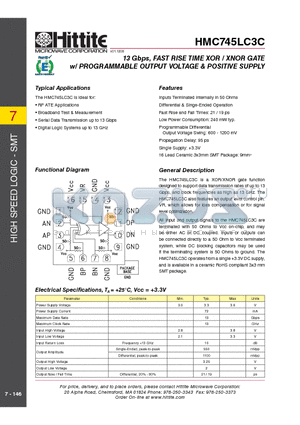 HMC745LC3C datasheet - 13 Gbps, FAST RISE TIME XOR / XNOR GATE w/ PROGRAMMABLE OUTPUT VOLTAGE & POSITIVE SUPPLY