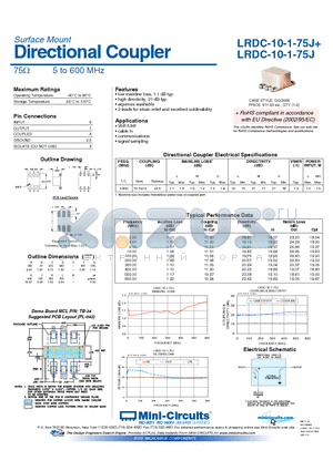 LRDC-10-1-75J+ datasheet - Directional Coupler 75Y 5 to 600 MHz