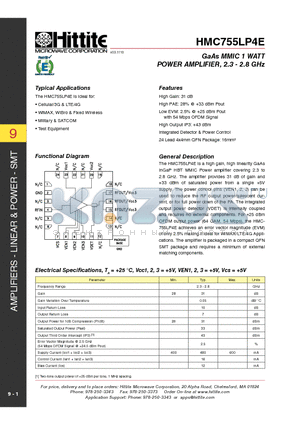 HMC755LP4E datasheet - GaAs MMIC 1 WATT POWER AMPLIFIER, 2.3 - 2.8 GHz