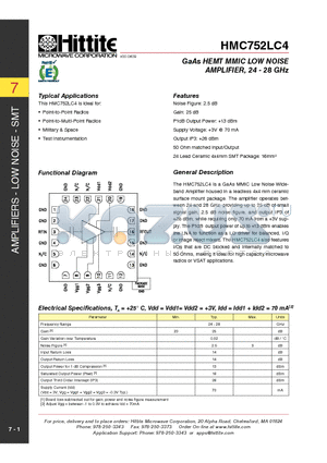 HMC752LC4_10 datasheet - GaAs HEMT MMIC LOW NOISE AMPLIFIER, 24 - 28 GHz