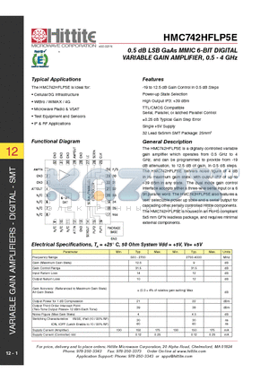 HMC742HFLP5E datasheet - 0.5 dB LSB GaAs MMIC 6-BIT DIGITAL VARIABLE GAIN AMPLIFIER, 0.5 - 4 GHz