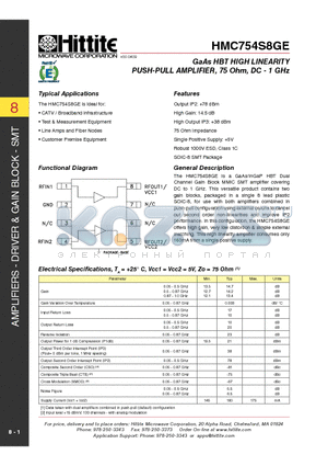 HMC754S8GE_10 datasheet - GaAs HBT HIGH LINEARITY PUSH-PULL AMPLIFIER, 75 Ohm, DC - 1 GHz