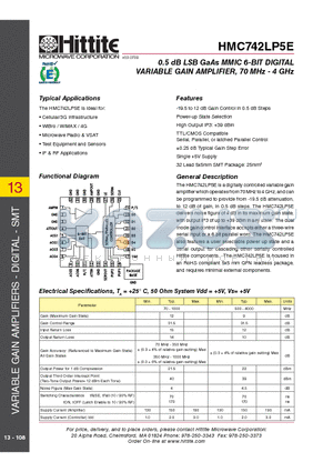 HMC742LP5E datasheet - 0.5 dB LSB GaAs MMIC 6-BIT DIGITAL VARIABLE GAIN AMPLIFIER, 70 MHz - 4 GHz