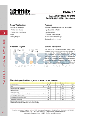HMC757_10 datasheet - GaAs pHEMT MMIC 1/2 WATT POWER AMPLIFIER, 16 - 24 GHz