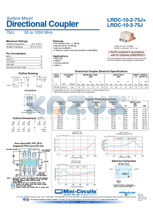 LRDC-10-2-75J+ datasheet - Directional Coupler 75Y 30 to 1000 MHz