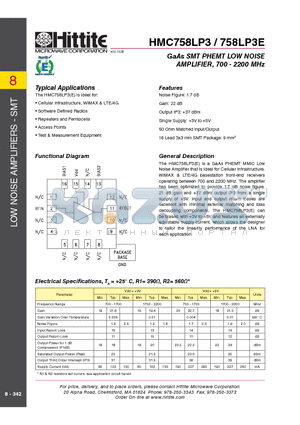 HMC758LP3 datasheet - GaAs SMT PHEMT LOW NOISE AMPLIFIER, 700 - 2200 MHz