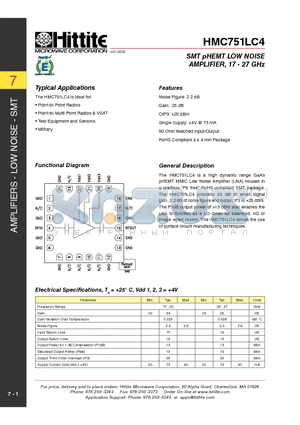 HMC751LC4_10 datasheet - SMT pHEMT LOW NOISE AMPLIFIER, 17 - 27 GHz