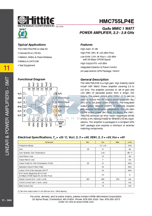 HMC755LP4_09 datasheet - GaAs MMIC 1 WATT POWER AMPLIFIER, 2.3 - 2.8 GHz