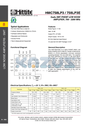 HMC758LP3E datasheet - GaAs SMT PHEMT LOW NOISE AMPLIFIER, 700 - 2200 MHz