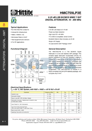 HMC759LP3E datasheet - 0.25 dB LSB BiCMOS MMIC 7-BIT DIGITAL ATTENUATOR, 10 - 300 MHz