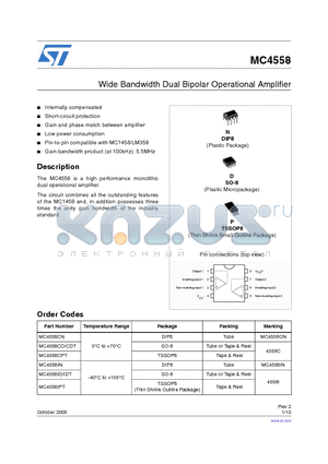 MC4558IPT datasheet - WIDE BANDWIDTH DUAL BIPOLAR OPERATIONAL AMPLIFIERS