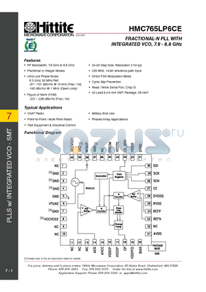 HMC765LP6CE_11 datasheet - FRACTIONAL-N PLL WITH INTEGRATED VCO, 7.8 - 8.8 GHz