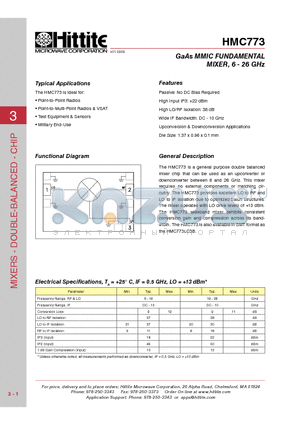 HMC773 datasheet - GaAs MMIC Fundam ental Mixer, 6 - 26 GHz