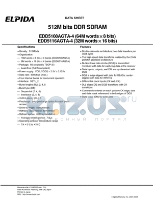 EDD5108AGTA-4C-E datasheet - 512M bits DDR SDRAM