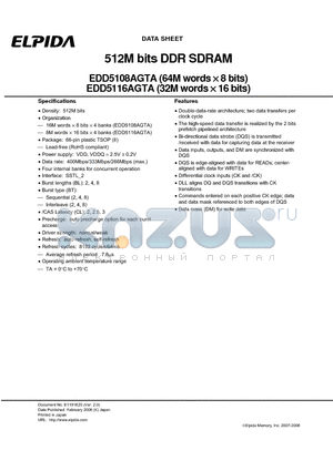 EDD5108AGTA-7A-E datasheet - 512M bits DDR SDRAM