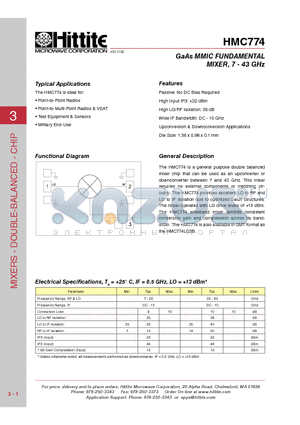 HMC774 datasheet - GaAs MMIC Fundam ental Mixer, 7 - 43 GHz