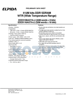 EDD5108AGTA-7BLI-E datasheet - 512M bits DDR SDRAM WTR (Wide Temperature Range)