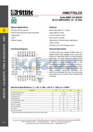 HMC775LC5 datasheet - GaAs MMIC I/Q MIXER W/ LO AMPLIFIER, 10 - 16 GHz