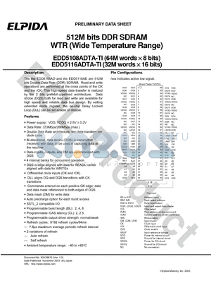 EDD5116ADTA-7ATI datasheet - 512M bits DDR SDRAM WTR (Wide Temperature Range)