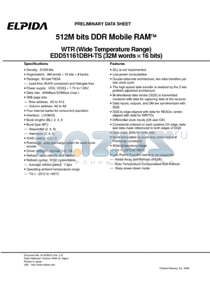 EDD51161DBH-TS datasheet - 512M bits DDR Mobile RAM WTR (Wide Temperature Range)