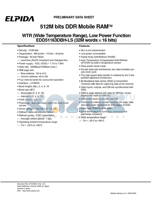 EDD51163DBH-5BLS-F datasheet - 512M bits DDR Mobile RAM WTR (Wide Temperature Range), Low Power Function