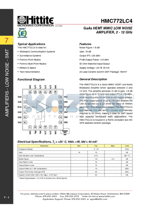 HMC772LC4 datasheet - GaAs HEMT MMIC LOW NOISE AMPLIFIER, 2 - 12 GHz