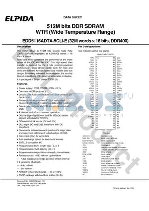 EDD5116ADTA-5CLI-E datasheet - 512M bits DDR SDRAM WTR (Wide Temperature Range)