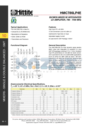 HMC786LP4E_10 datasheet - BiCMOS MIXER W/ INTEGRATED LO AMPLIFIER, 700 - 1100 MHz