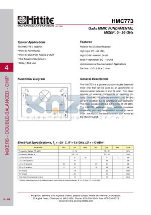 HMC773 datasheet - GaAs MMIC FUNDAMENTAL MIXER, 6 - 26 GHz