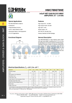 HMC789ST89E_10 datasheet - InGaP HBT GAIN BLOCK MMIC AMPLIFIER, 0.7 - 2.8 GHz